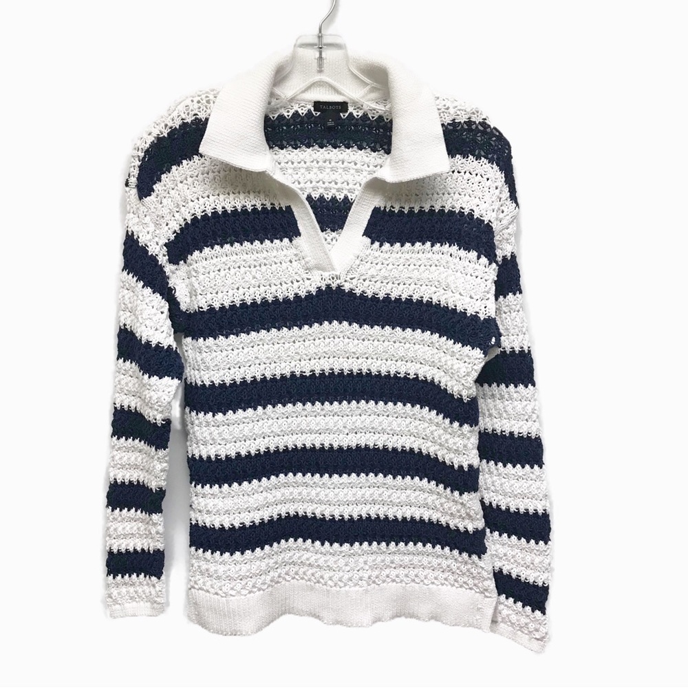 Talbots White & Blue Striped Open Knit Collar Sweater Size M